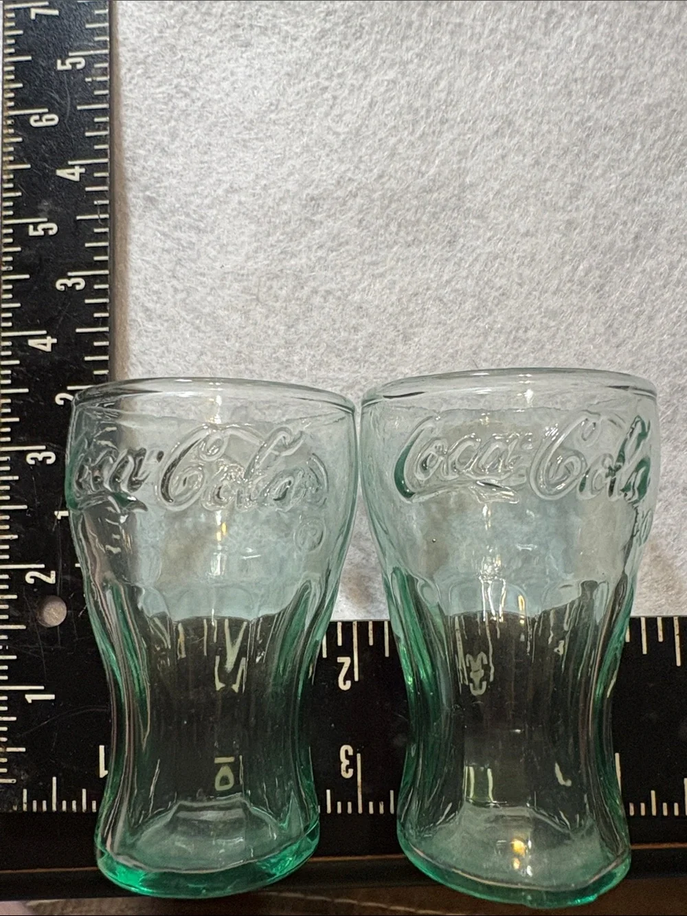 Coca Cola Light Green Embossed Glass Tumblers - Pair 3 in tall x 2 in wide